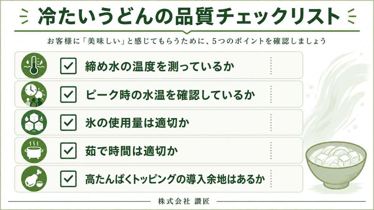 冷たいうどんの品質を維持するための水温管理や茹で時間など5つの確認ポイントをまとめたチェックリスト