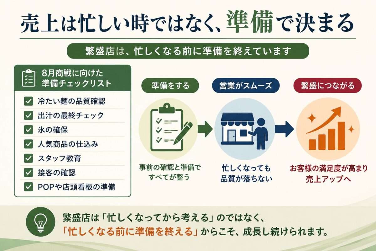 8月商戦に向けたうどん店の準備チェックリストと繁盛店の準備の流れを解説した図解